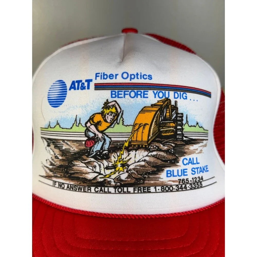 Vintage AT&T Fiber Optics Blue Stake Call Before You Dig Snapback‎ Trucker Hat